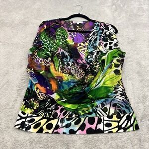 VTG Alexandra Rosati Sheer Cowl Neck Top Womens L Multicolor Butterfly Artsy Y2K